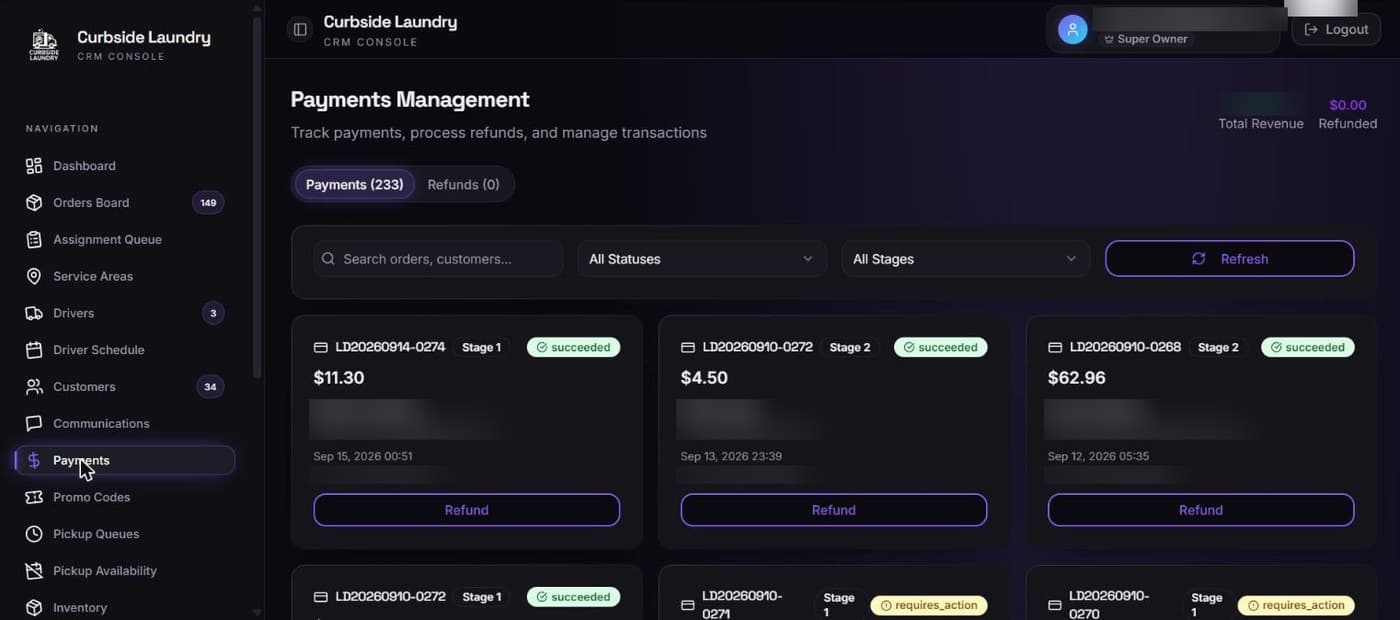 The payments console: every transaction tagged stage one or stage two, 233 payments and no refunds