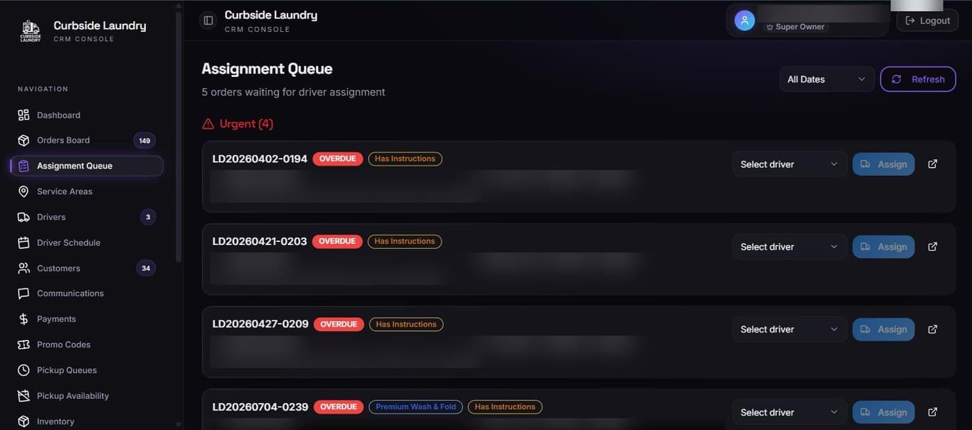 The assignment queue: jobs waiting for a driver, with the overdue ones called out